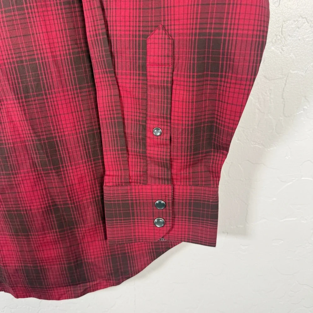 Banana Republic Shirt Mens Large Red Pearl Snap Western Plaid Slim Fit Cowboy